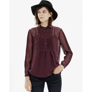 Madewell Women's Burgundy Long Sleeve Boho Blouse Pintuck Clip dot Top Size XS